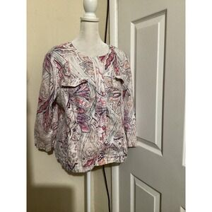 Chicos 100% Linen Paisley Zip Front Jacket Pink Purple Orange Size 2 L Large